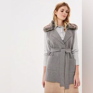 Suni Kirk X Banana Republic Gray Belted Vest Jacket with Faux Fur Collar